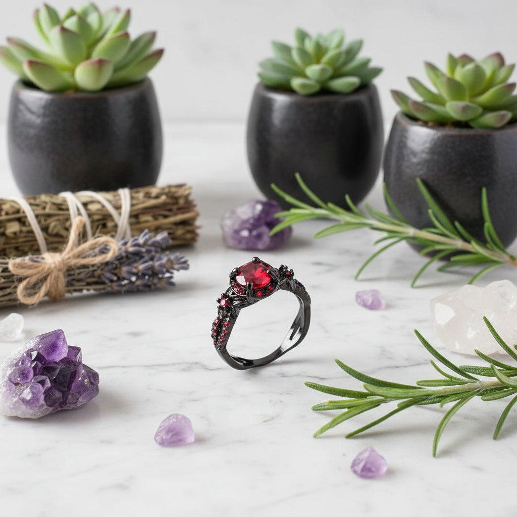 Black ring with a red gemstone on a white background