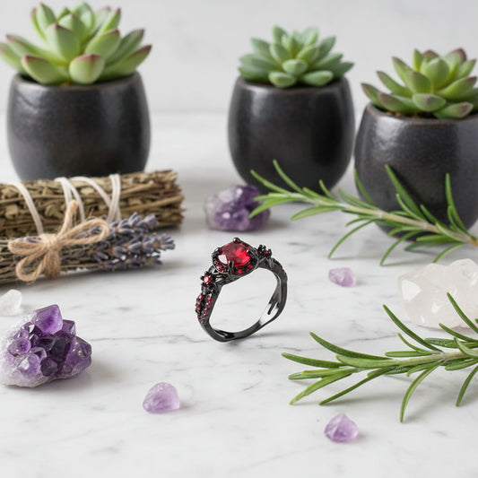 Black ring with a red gemstone on a white background