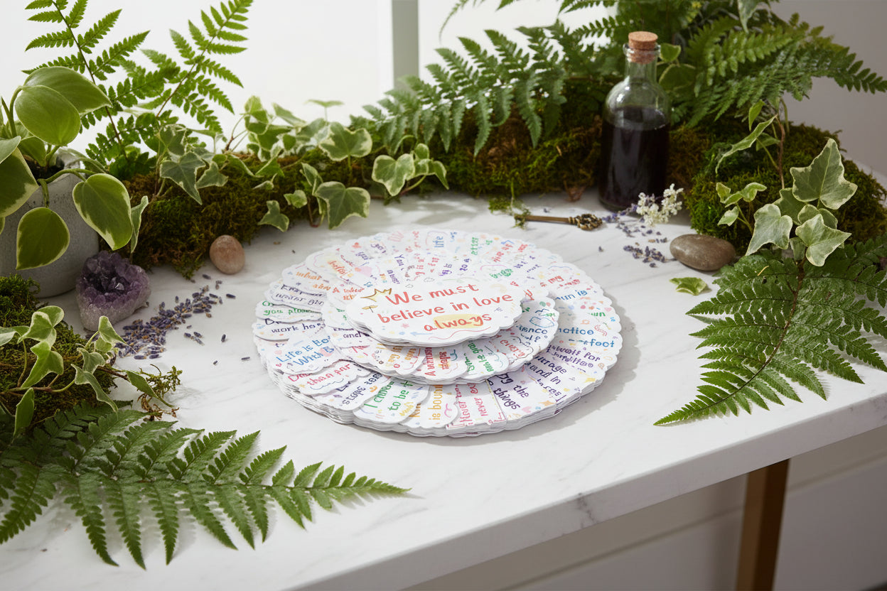 Circular arrangement of colorful stickers with motivational phrases and a central sticker reading 'We must believe in love always'.