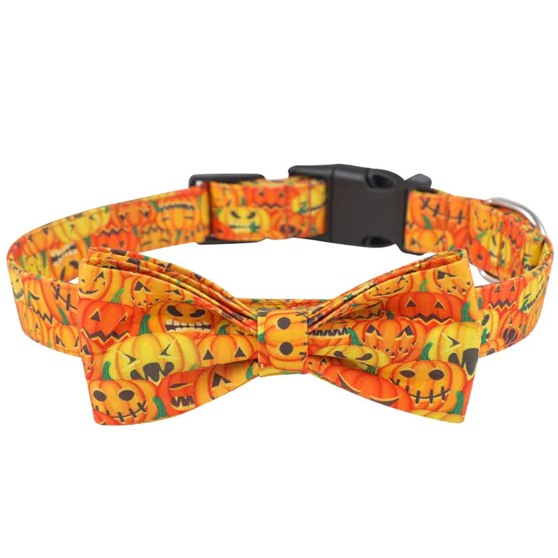 Halloween-themed dog collar with pumpkins on a white background