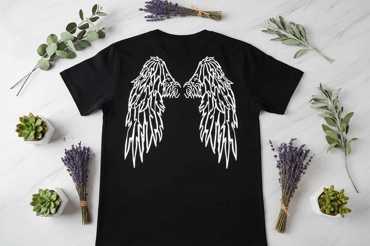 Black t-shirt with white angel wings design on a plain background